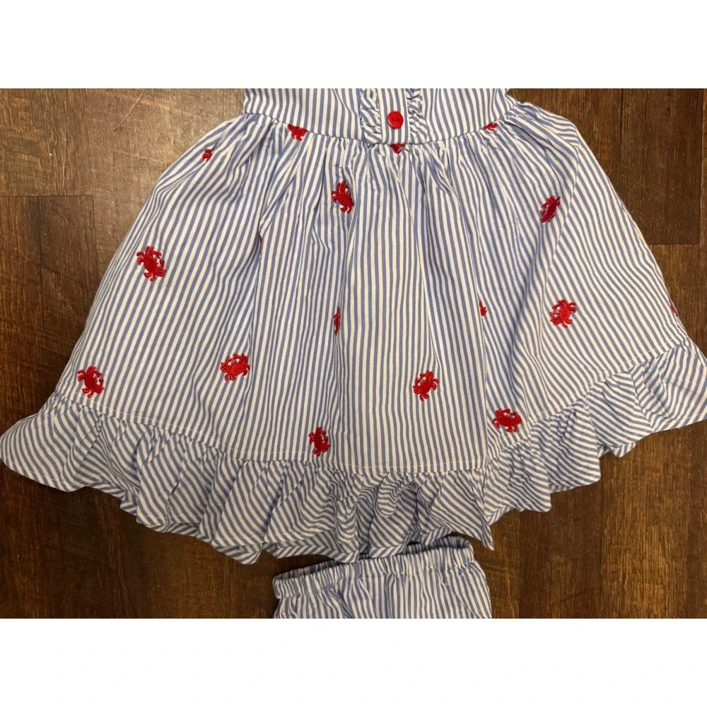 Cotton Kids Seersucker Crab Dress & Bloomers 12M Nautical Blue White Striped